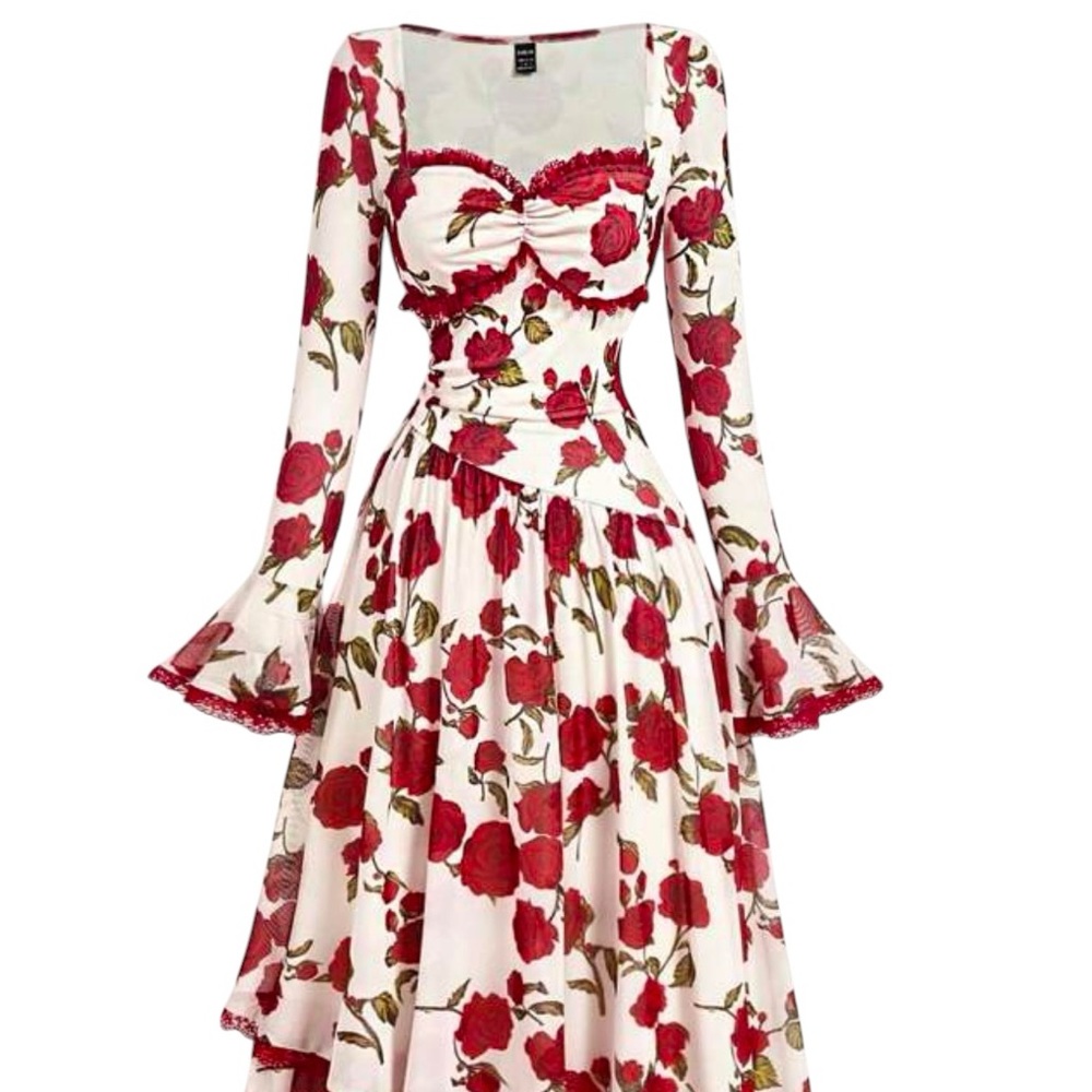 SHEIN Red Floral Long Sleeve Dress